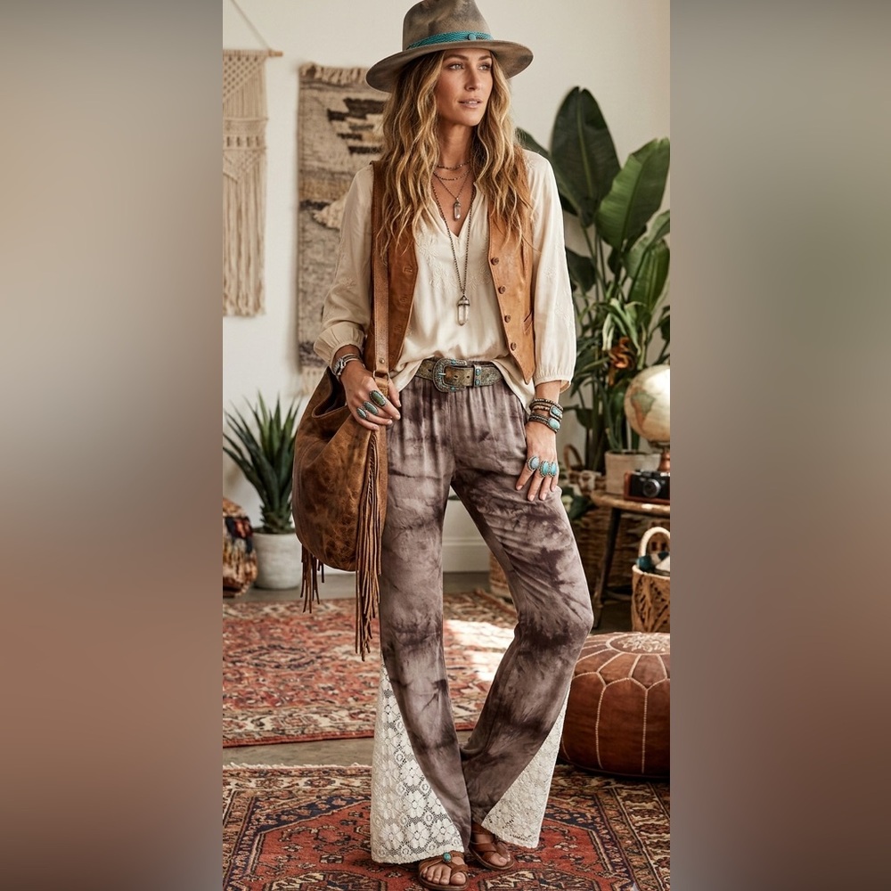 Umgee Chocolate Tie Dye Bell Bottoms Flare Pants BRAND NEW Size Small - Picture 5 of 5